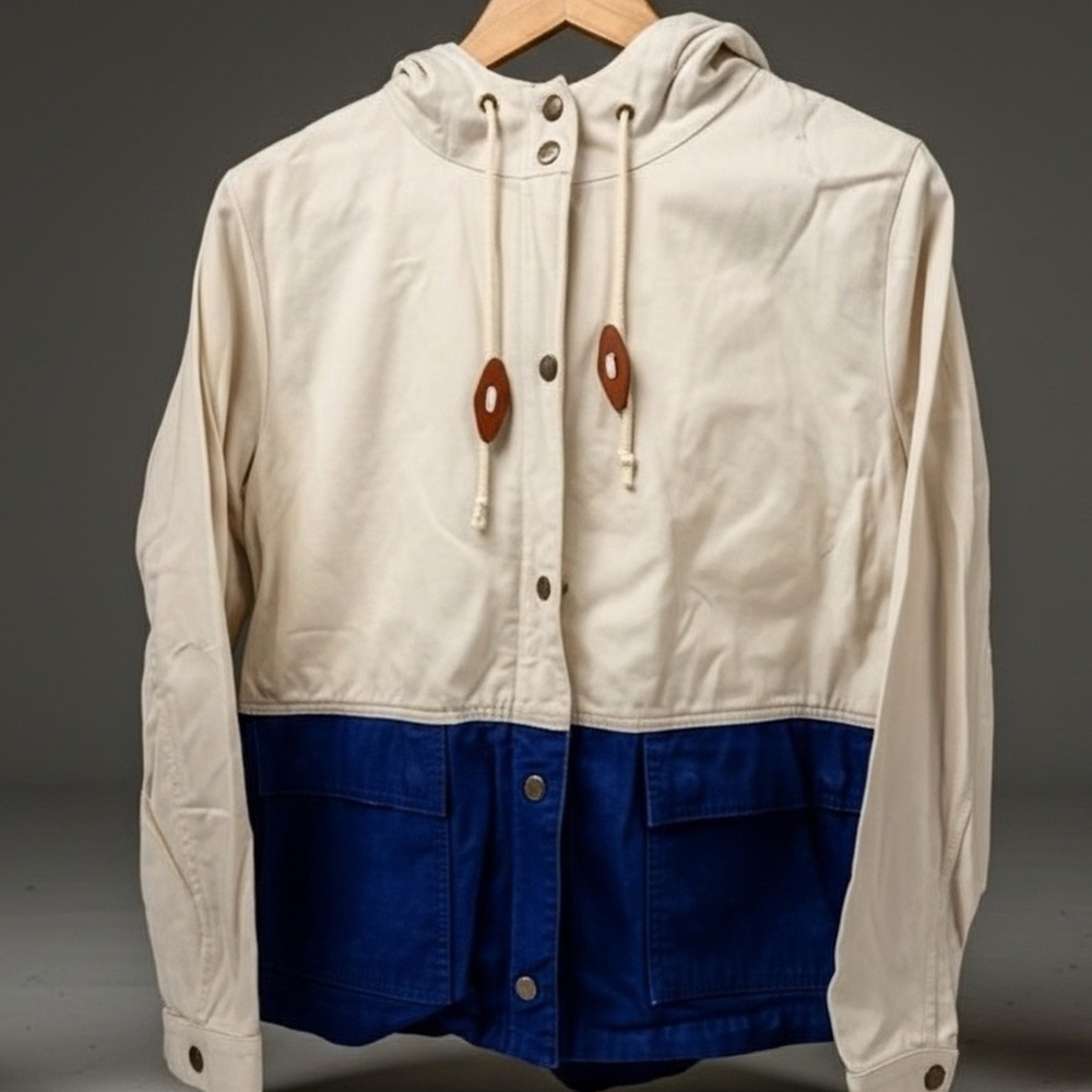 J. Crew lightweight color-block khaki and royal blue jacket